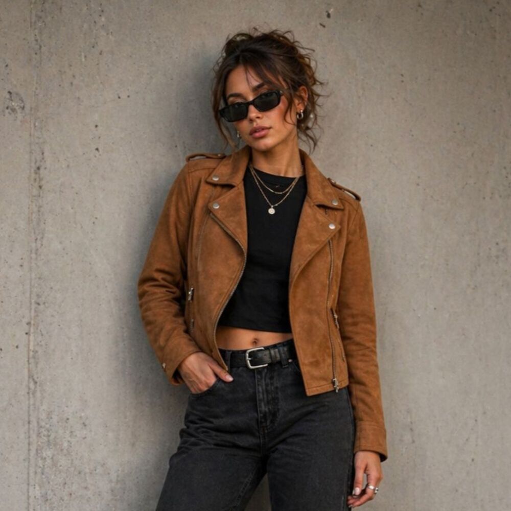 Shein Moto Jacket XL Brown Faux Suede Biker Zip Up Cropped NWOT Y2K